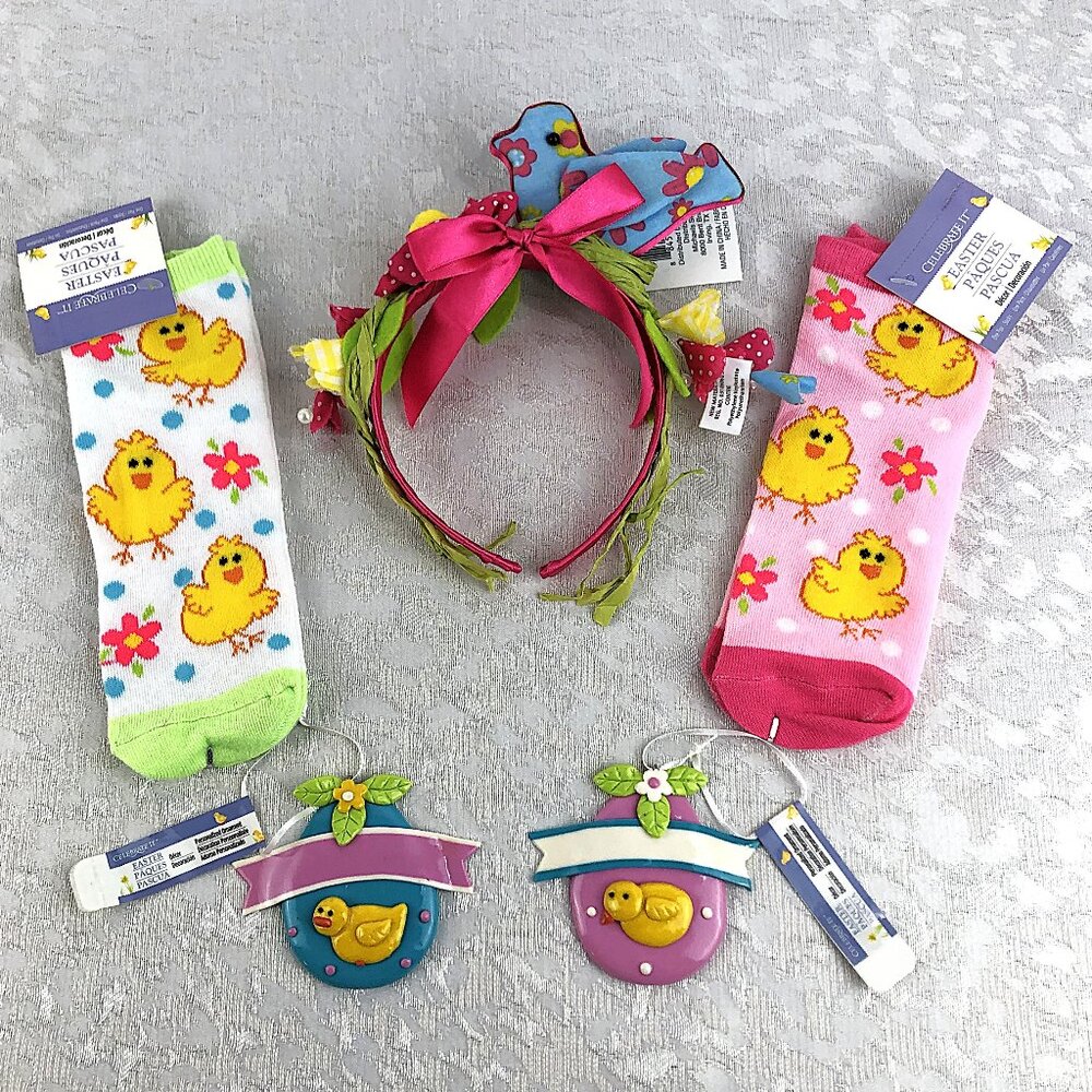 Celebrate It Kids Easter Basket Bundle: Chick Socks+Bird Headband+Ornaments NWT